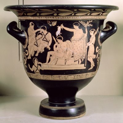 Attische roodfigurige krater die Orestes als smekeling bij het heiligdom van Apollo in Delphi afbeeldt, toegeschreven aan de Apulische Eumenides Schilder (aardewerk) door Greek